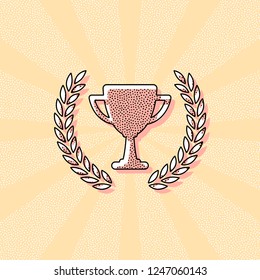 Champions cup with laurel wreath. Simple icon. Vintage retro typography with offset printing effect. Dots poster with comics pop art background