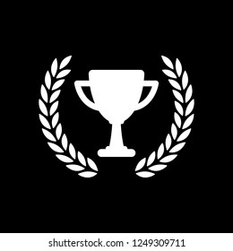 Champions cup with laurel wreath. Simple icon. White icon on black background. Inversion