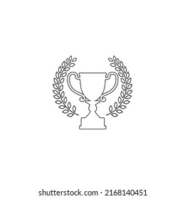 Champions Cup With Laurel Wreath. Simple Line Icon. Black On White Background Flat Sign