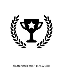 Champions cup with laurel wreath and star. Simple icon. Black on white background