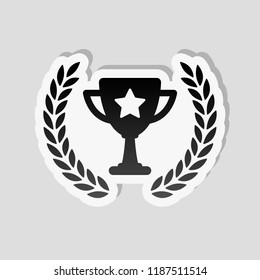 Champions cup with laurel wreath and star. Simple icon. Sticker style with white border and simple shadow on gray background
