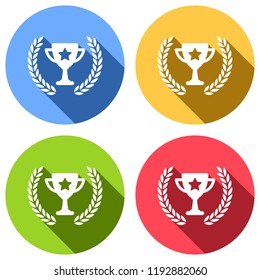 Champions cup with laurel wreath and star. Simple icon. Set of white icons with long shadow on blue, orange, green and red colored circles. Sticker style