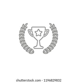 Champions cup with laurel wreath and star. Simple icon. Dotted outline silhouette with shadow on white background