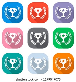Champions cup with laurel wreath and star. Simple icon. Set of white icons on colored squares for applications. Seamless and pattern for poster