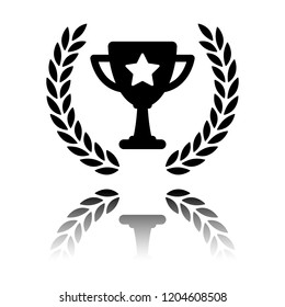 Champions cup with laurel wreath and star. Simple icon. Black icon with mirror reflection on white background