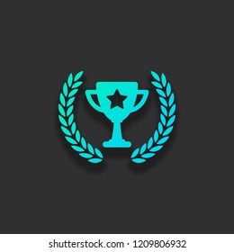 Champions cup with laurel wreath and star. Simple icon. Colorful logo concept with soft shadow on dark background. Icon color of azure ocean