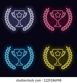 Champions cup with laurel wreath and star. Simple icon. Set of neon sign. Casino style on dark background