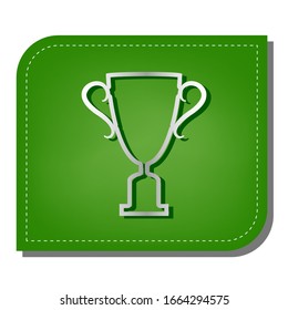 Champions Cup sign. Silver gradient line icon with dark green shadow at ecological patched green leaf. Illustration.