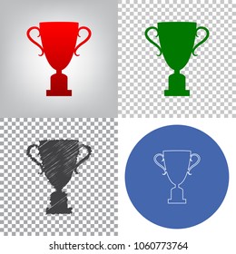 Champions Cup sign. Vector. 4 styles. Red gradient in radial lighted background, green flat and gray scribble icons on transparent and linear one in blue circle.