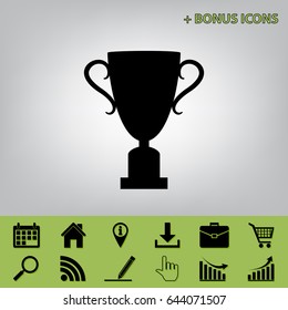 Champions Cup sign. Vector. Black icon at gray background with bonus icons at celery ones