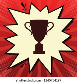 Champions Cup sign. Vector. Dark red icon in lemon chiffon shutter bubble at red popart background with rays.