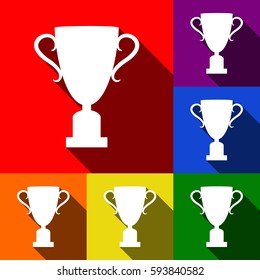 Champions Cup sign. Vector. Set of icons with flat shadows at red, orange, yellow, green, blue and violet background.