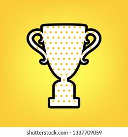 Champions Cup sign. Vector. Yellow polka dot white icon with black contour at warm yellow background.