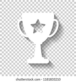 Champions cup with star. Simple icon. White icon with shadow on transparent background