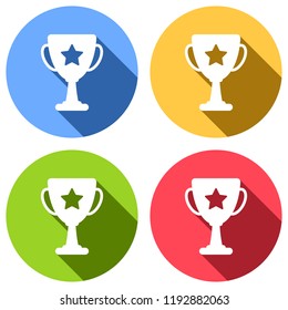 Champions cup with star. Simple icon. Set of white icons with long shadow on blue, orange, green and red colored circles. Sticker style