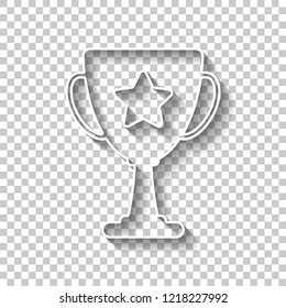 Champions cup with star. Simple icon. White outline sign with shadow on transparent background