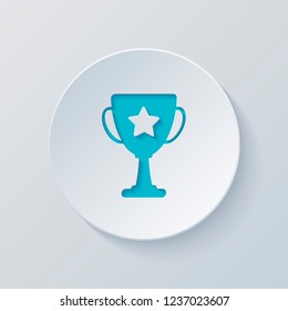 Champions cup with star. Simple icon. Cut circle with gray and blue layers. Paper style