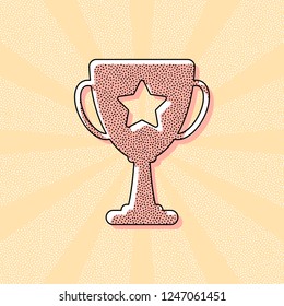 Champions cup with star. Simple icon. Vintage retro typography with offset printing effect. Dots poster with comics pop art background