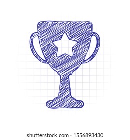 Champions cup with star. Simple icon. Hand drawn sketched picture with scribble fill. Blue ink. Doodle on white background