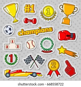 Champions Doodle With Medals, Prize And Podium. Sports Stickers, Badges And Patches. Vector Illustration