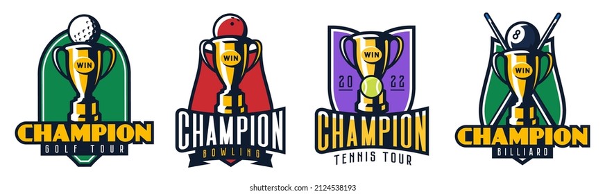 Champions emblem set. Cup logo for tennis, golf, bowling, billiards. Sports tournament champion logo template. Badge, icon, ball, shield. Isolated vector illustration on white background