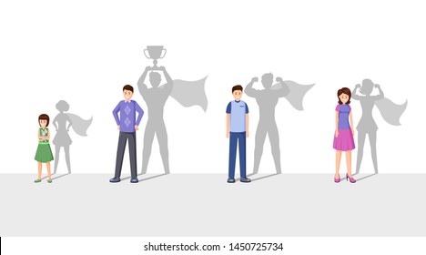 Champions flat vector illustration. Smiling people with superhero shadow, cheerful men, woman and child cartoon characters. Superheroes with cape celebrating victory, personal attainment