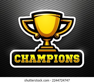 Champions golden cup logo. Symbol of victory. Reward, prize. Sports trophy icon. T-shirt print.