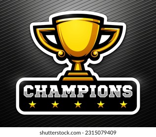 Champions golden cup and stars, sport logo. Symbol of victory. Reward, prize. Sports trophy icon.