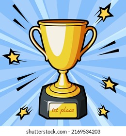 Champions golden cup or trophy cup with text on golden plate 1st Place. Vector illustration in comic cartoon style