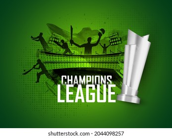 Champions League Concept With 3D Silver Trophy Cup, Silhouette Cricket Players And Black Brush Effect On Green Stadium Background.