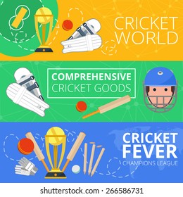 Champions league cricket world goods symbols flat banners set with club field equipment abstract isolated vector illustration