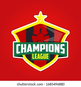 Champions league emblem logo on a dark background . sports logo collection illustration. Champion sports league logo emblem badge graphic with trophy