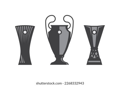 Champions league europa league conference league three vector soccer trophies European football team competitions on a white background.