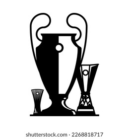 Champions league europa league conference league three soccer trophies black icon on white background. Vector sport symbol of European football team competitions.