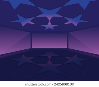 Champions league football illustration vector studio blue and purple background with windows and stars on the ceiling and floor.