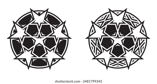 Champions league two vector round black football soccer ball logos or icon with five-pointed stars and triangle texture on white background.