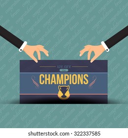 Champions Lettering Hands Holld Card Flat Vector Design