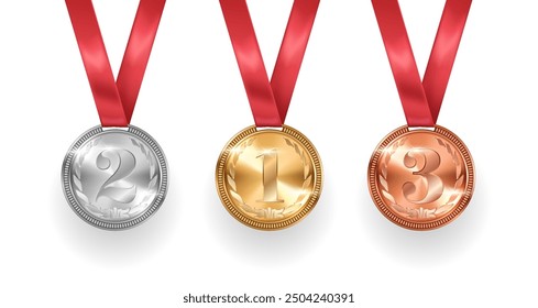 Champions medals hanging on satin ribbons realistic vector illustration. Shiny rewards for victory in tournament 3d models on white background