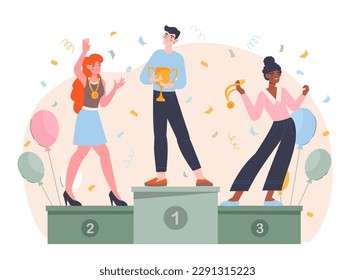 Champions on pedestal. Man with cup and women with gold medals stand on podium and celebrate success. Successful team of employees or athletes. Award and reward. Cartoon flat vector illustration