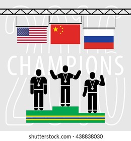 Champions on the Podium Sport Composition - Three Black Winners Silhouettes Green Podium and National Flags on Grey Background with Text - China USA Russia Infographic Style