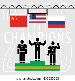 Champions on the Podium Sport Composition - Three Black Winners Silhouettes Green Podium and National Flags on Grey Background with Text - USA China Russia Infographic Style