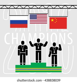 Champions on the Podium Sport Composition - Three Black Winners Silhouettes Green Podium and National Flags on Grey Background with Text - USA Russia China Infographic Style