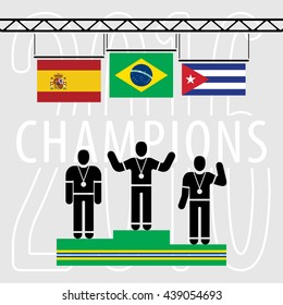 Champions on the Podium Sport Composition - Three Black Winners Silhouettes Green Podium and National Flags on Grey Background with Text - Brazil Spain Cuba Infographic Style