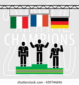 Champions on the Podium Sport Composition - Three Black Winners Silhouettes Green Podium and National Flags on Grey Background with Text - France Italy Germany Infographic Style