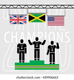 Champions on the Podium Sport Composition - Three Black Winners Silhouettes Green Podium and National Flags on Grey Background with Text - Jamaica UK USA Infographic Style