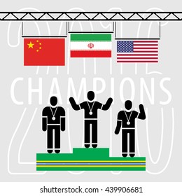 Champions on the Podium Sport Composition - Three Black Winners Silhouettes Green Podium and National Flags on Grey Background with Text - Iran China USA Infographic Style