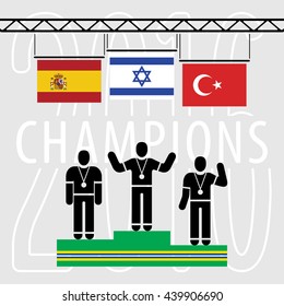 Champions on the Podium Sport Composition - Three Black Winners Silhouettes Green Podium and National Flags on Grey Background with Text - Israel Spain Turkey Infographic Style