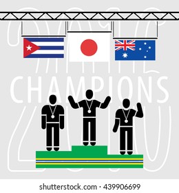 Champions on the Podium Sport Composition - Three Black Winners Silhouettes Green Podium and National Flags on Grey Background with Text - Japan Cuba Australia Infographic Style