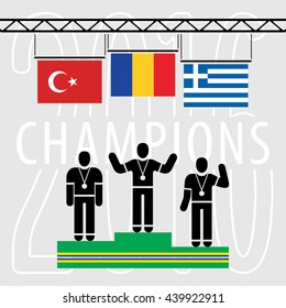 Champions on the Podium Sport Composition - Three Black Winners Silhouettes Green Podium and National Flags on Grey Background with Text - Romania Turkey Greece Infographic Style