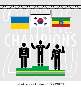 Champions on the Podium Sport Composition - Three Black Winners Silhouettes Green Podium and National Flags on Grey Background with Text - South Korea Ukraine Ethiopia Infographic Style